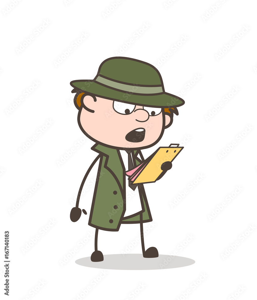 Cartoon Detective Reading Report Card Vector Illustration