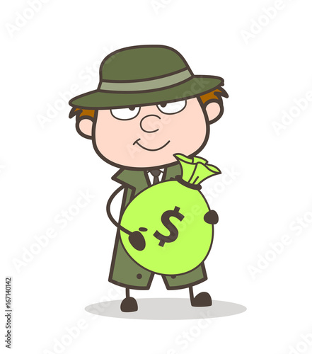 Cartoon Detective Holding a Bundle of Dollars Vector Illustration