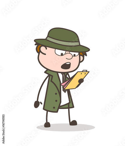 Cartoon Detective Reading Report Card Vector Illustration