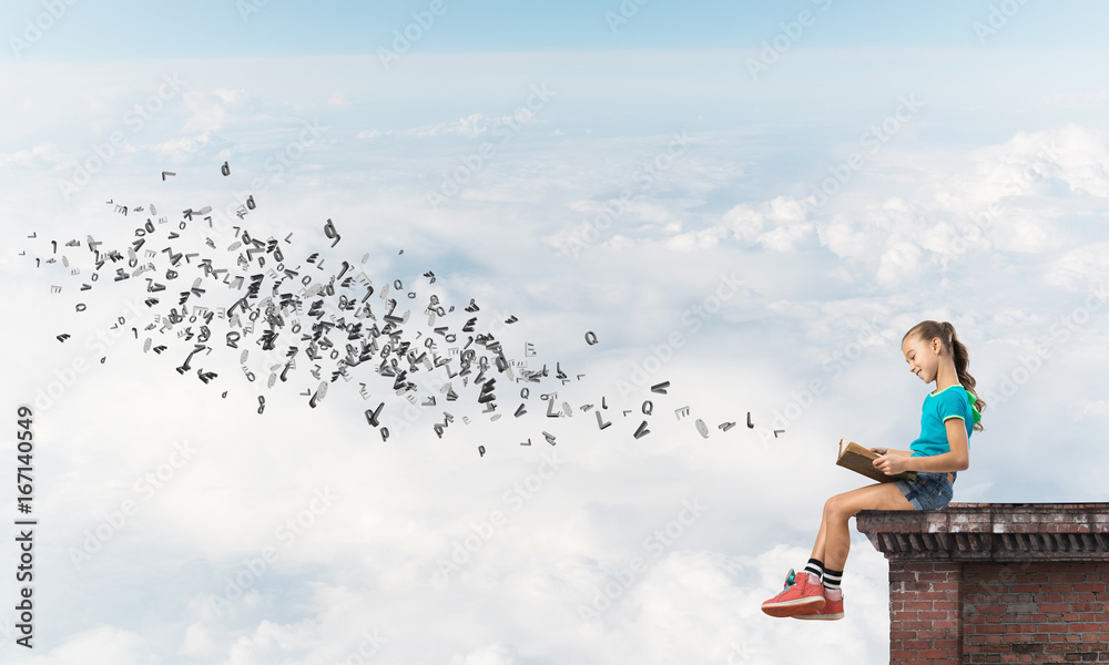 Concept of careless happy childhood with girl exploring this world Concept of careless happy childhood with girl exploring this world
