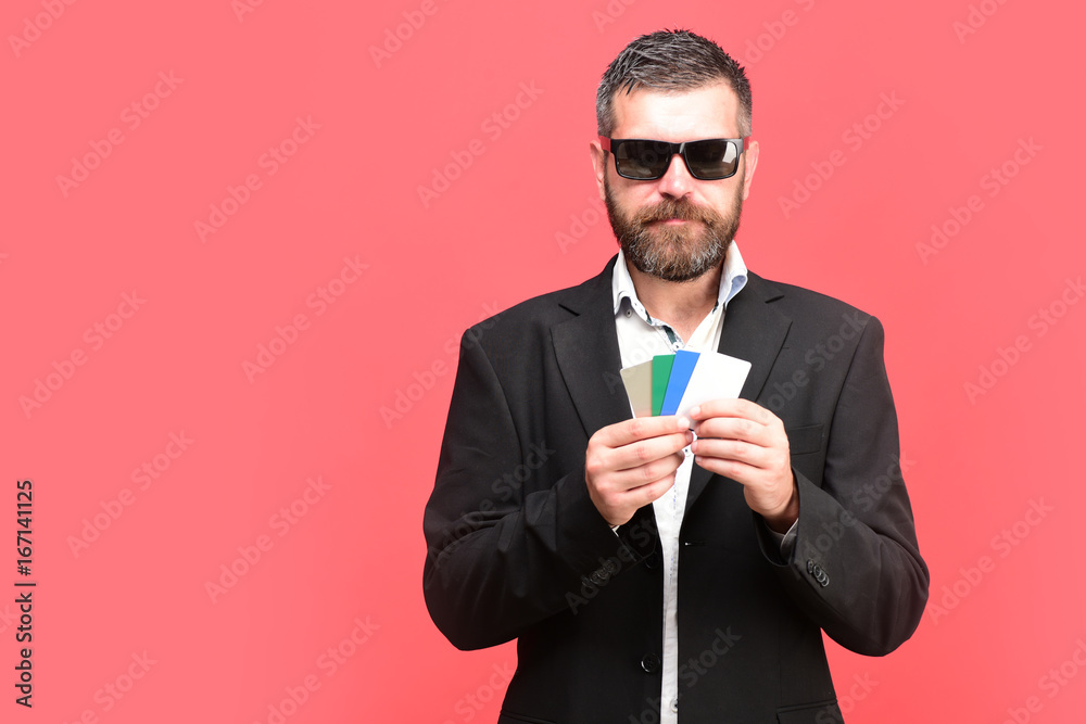 Business and luck concept. Businessman with empty cards, copy space Business and luck concept. Businessman with empty cards, copy space