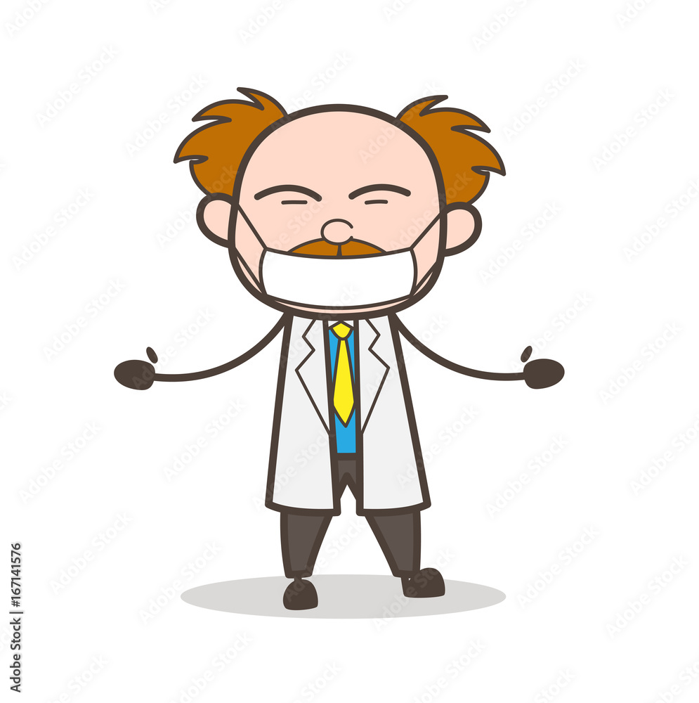Cartoon Scientist with Medical Mask on Face Vector Illustration
