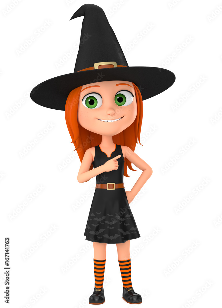 Witch points a finger at the empty space. Halloween icon is no isolated background. 3D rendering illustration. Witch points a finger at the empty space. Halloween icon is no isolated background. 3D rendering illustration.