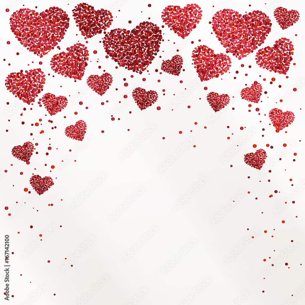 Poster with hearts from red confetti, sparkles, glitter and place for text on white background Poster with hearts from red confetti, sparkles, glitter and place for text on white background