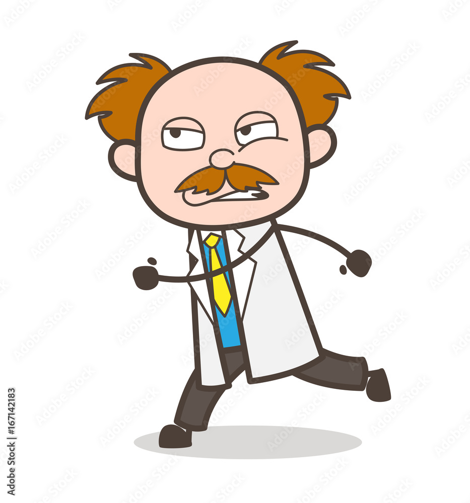 Cartoon Scientist Running in Aggression Vector Illustration Cartoon Scientist Running in Aggression Vector Illustration