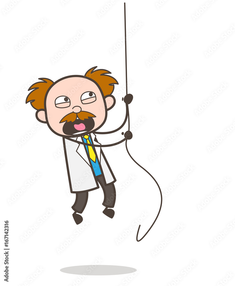 Cartoon Adventurous Scientist Climbing Rope Vector Concept