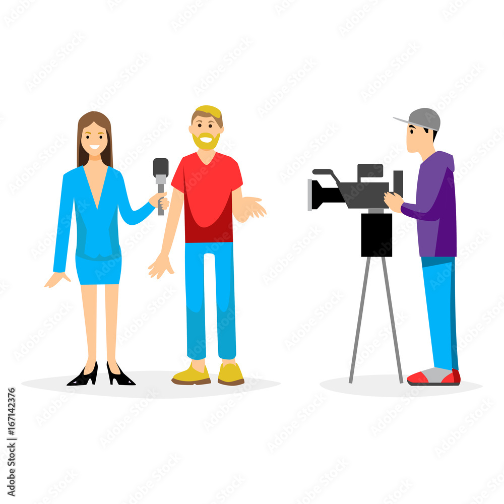 Vector illustration Tv journalist taking interview in front camera
