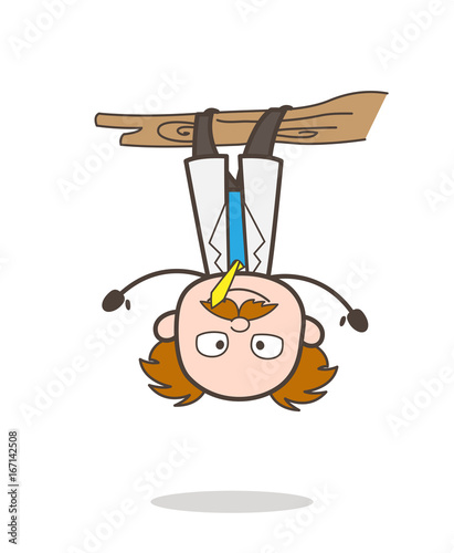 Cartoon Funny Scientist Hanging Upside Down on Branch