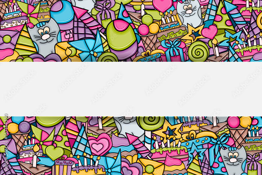 Birthday cartoon doodle design. Cute background concept for anniversary greeting card,  advertisement, banner, flyer, brochure. Hand drawn vector illustration.
