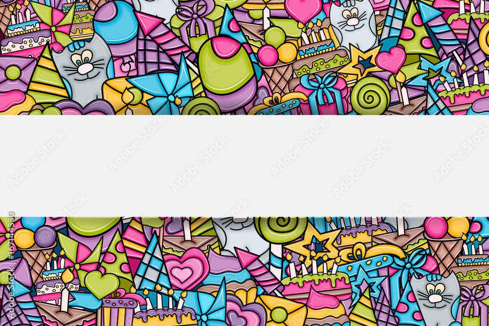 Birthday cartoon doodle design. Cute background concept for anniversary greeting card, advertisement, banner, flyer, brochure. Hand drawn vector illustration. Birthday cartoon doodle design. Cute background concept for anniversary greeting card, advertisement, banner, flyer, brochure. Hand drawn vector illustration.