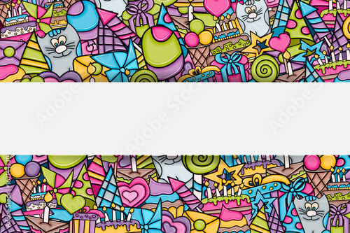 Birthday cartoon doodle design. Cute background concept for anniversary greeting card, advertisement, banner, flyer, brochure. Hand drawn vector illustration.