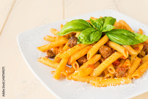 Ziti with sausage and tomato sauce, Italian Pasta