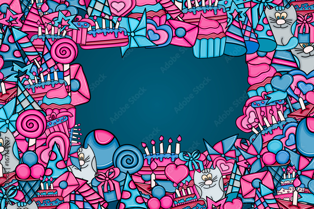 Birthday cartoon doodle design. Cute background concept for anniversary greeting card,  advertisement, banner, flyer, brochure. Hand drawn vector illustration. Blue and pink color.