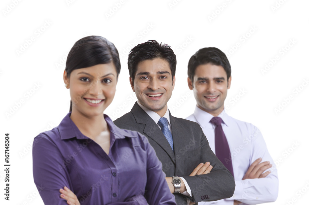 Portrait of two businessmen and a businesswoman smiling Portrait of two businessmen and a businesswoman smiling