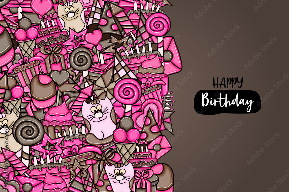 Birthday cartoon doodle design. Cute background concept for anniversary greeting card, advertisement, banner, flyer, brochure. Hand drawn vector illustration. Brown and pink color. Birthday cartoon doodle design. Cute background concept for anniversary greeting card, advertisement, banner, flyer, brochure. Hand drawn vector illustration. Brown and pink color.