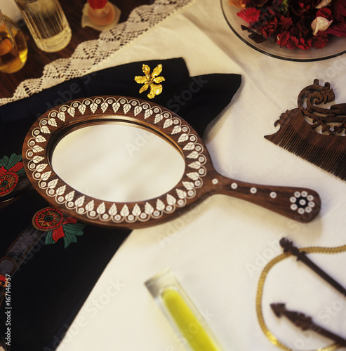 A decorated hand mirror 