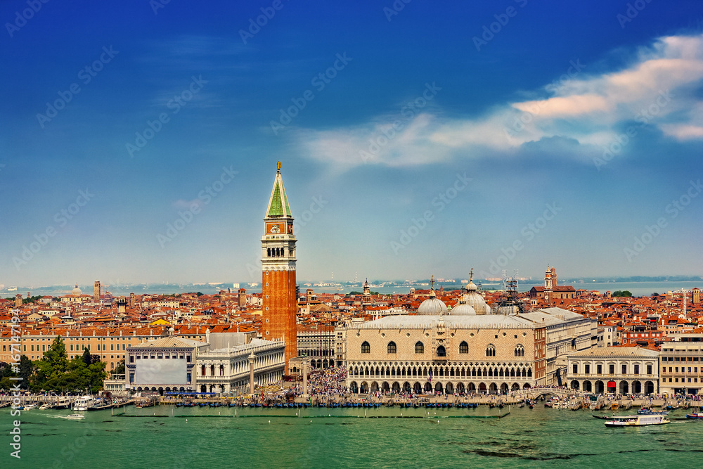 Italy. Cityscape of Venice from campanile (bell tower) of Basilica San Giorgio Maggiore. Venice and its Lagoon is on UNESCO World Heritage List
