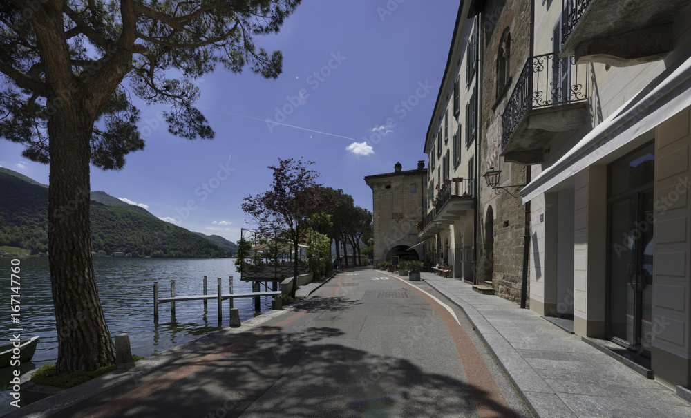 The promenade of Morcote with Lake Lugano - Morcote, Lake Lugano, Lugano, Ticino, Switzerland, Europe