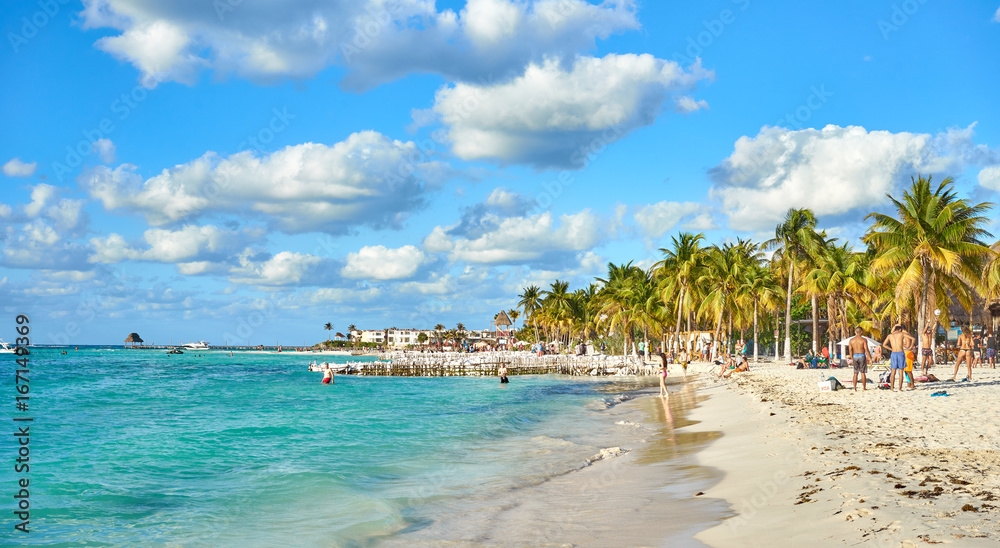 Isla Mujeres Beach Mexico / Peaceful North Beach with palm trees