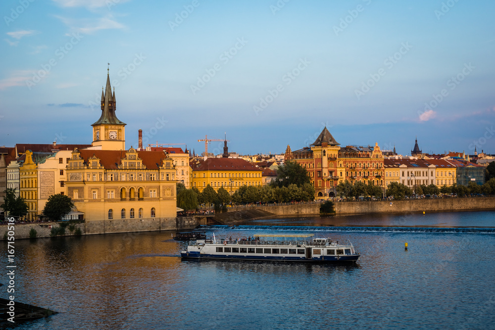 Naklejka premium View on the Vltava river and old town Prague, Czech Republic
