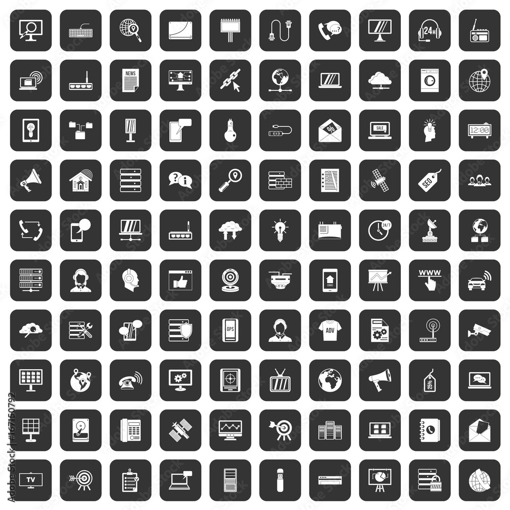 100 telecommunication icons set black