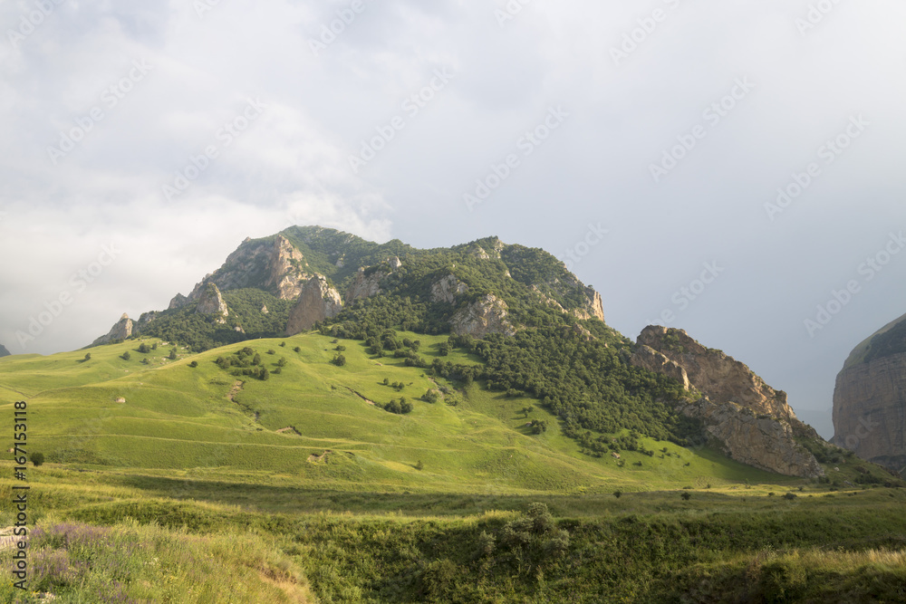 Горный пейзаж. Высокие скалы в живописном ущелье, красивый вид на горную местность. Дикая природа и горы Северного Кавказа