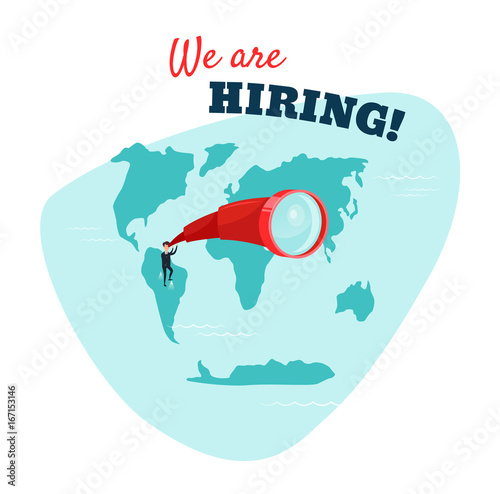 We are hiring. Businessman looking through a telescope. HR concept. Vector illustration