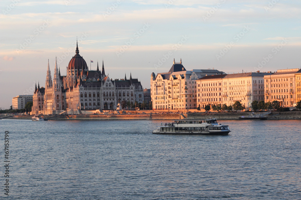 Panoramic of Budapest with Parliament building in the evening.