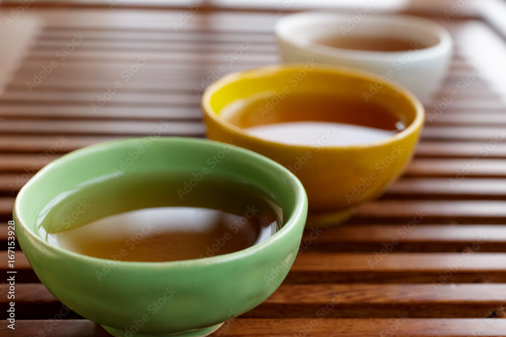 Cups or bowls for Chinese Tea Ceremony on wooden tea Board