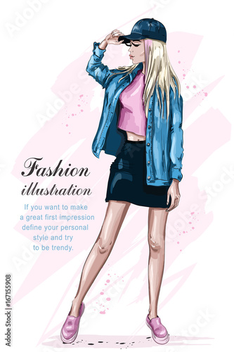 Stylish beautiful girl in cap. Fashion girl. Hand drawn cute woman in fashion clothes. Sketch. Vector illustration.