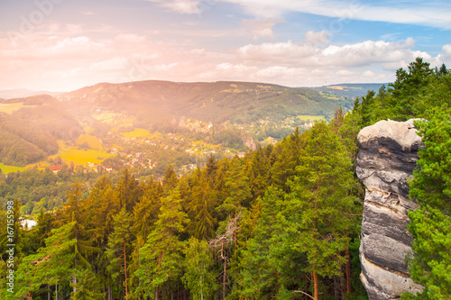 Viewpoint aboce Jizera valley in sandstone landscape of Bohemian Paradise, Besedice Rocks, Czech Republic.
