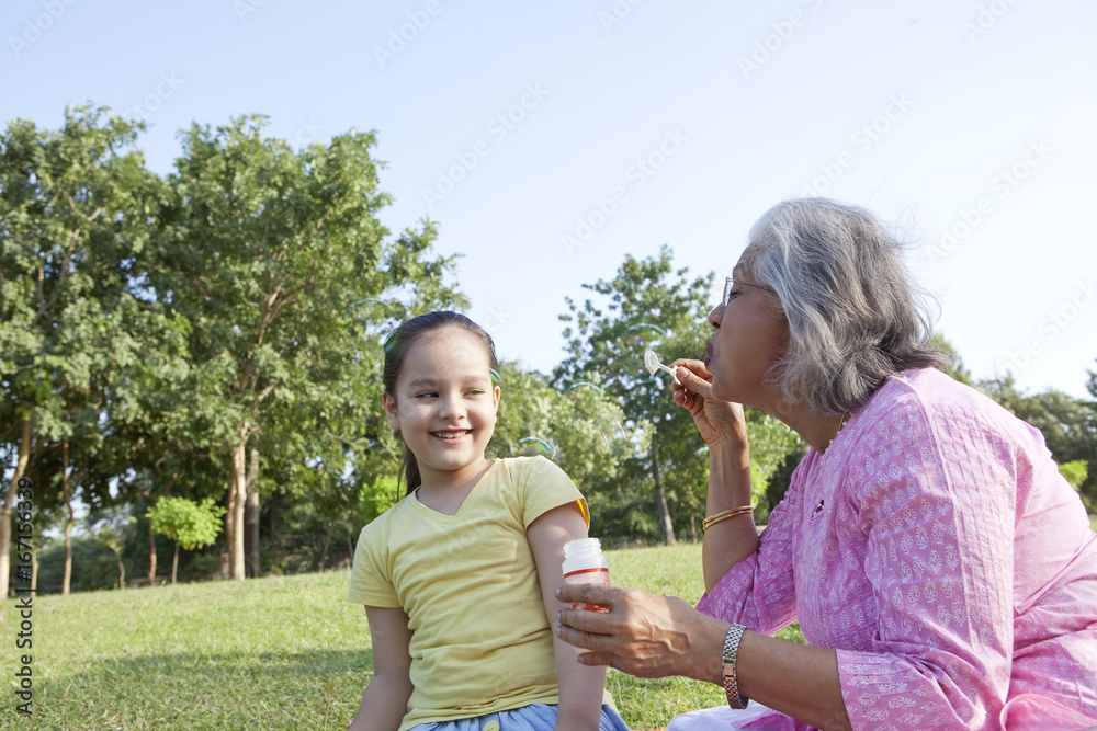 Fototapeta premium Grandmother blowing bubbles at granddaughter