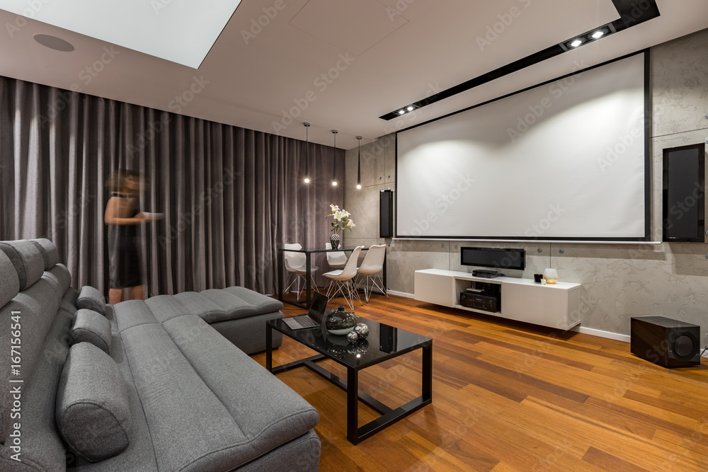 Living room with projector screen Living room with projector screen