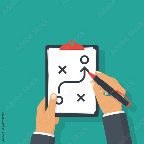 Planning strategy concept. Business tactic. Clipboard and pen in hand businessman. Vector illustration flat design. Isolated on background. Analysis scheme. Chart project.