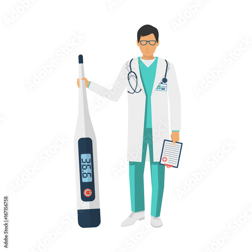 Doctor hold medical digital thermometer in hand. Template for symptoms of cold. Increased heat. Healthcare concept. Vector illustration flat style design. Isolated on background. Diagnostic equipment.