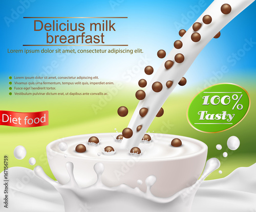Vector realistic poster with a milk splash and milk with a cereal breakfast pouring into a cup, chocolate cereal balls. Design element for packaging and advertising a new product for a healthy diet