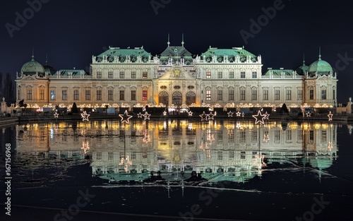 Upper Belvedere Palace with Christmas Village in Vienna in night, Austria