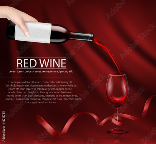 Vector illustration, bright realistic poster with a hand holding a glass wine bottle and pouring red wine into a glass. Template, moc up, layout for advertising, design, branding