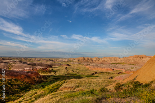 Badlands National Park in South Dakota, is a large, remote area of spectacular rock formations..