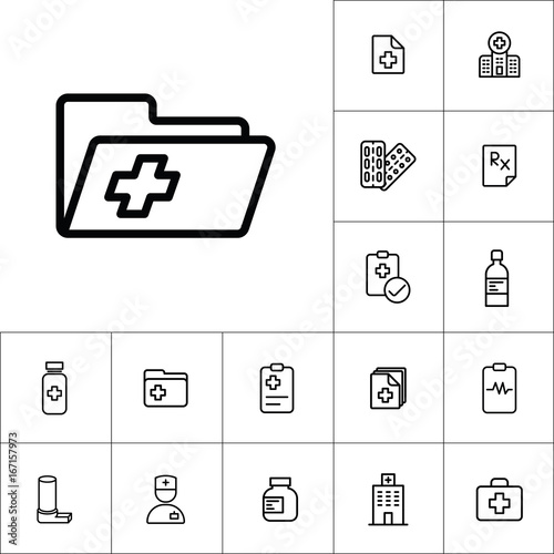 medical patient history record folder icon, medicines set on white background