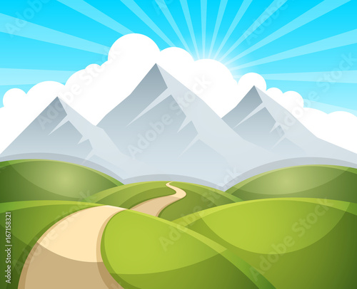 Cartoon landscape illustration. Sun. cloud, mountain hill vector EPS 10