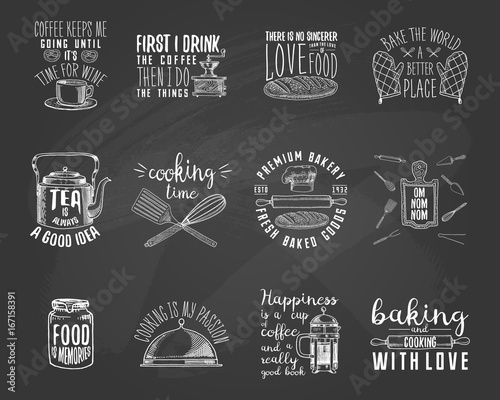 coffee maker or kettle, french press, rolling pin, wooden board. Bakery and pastries, dirty kitchen utensils, cooking stuff. logo emblem or label, engraved hand drawn in old sketch and vintage style.