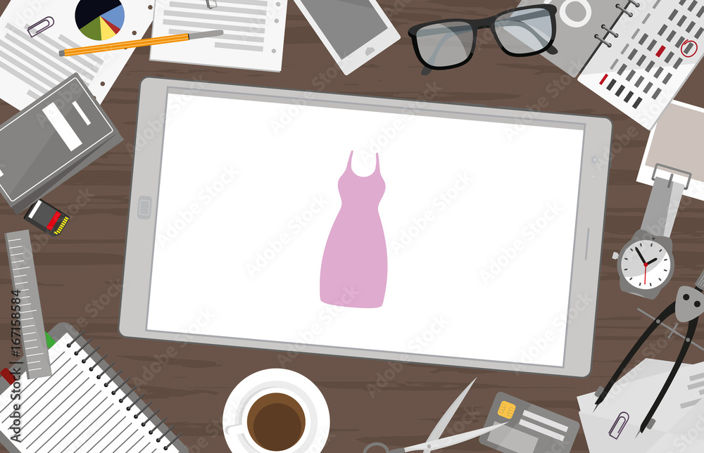 Schreibtisch mit Tablet - Kleid Shopping