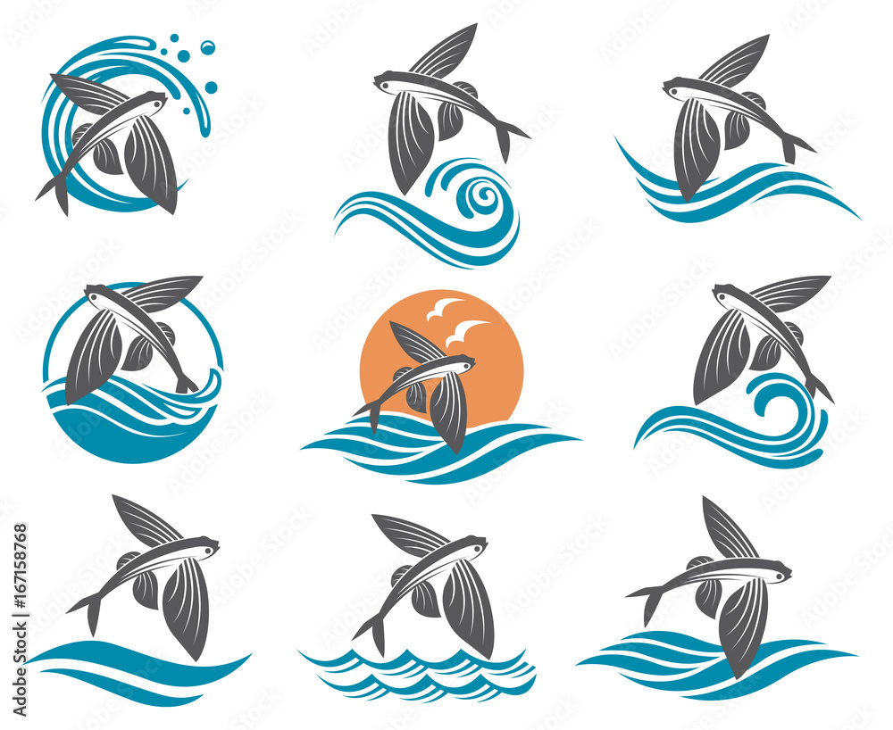Fototapeta premium collection of flying fish images with waves