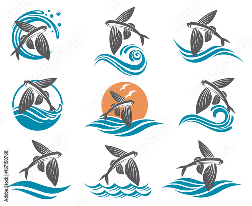 Stampa su tela collection of flying fish images with waves