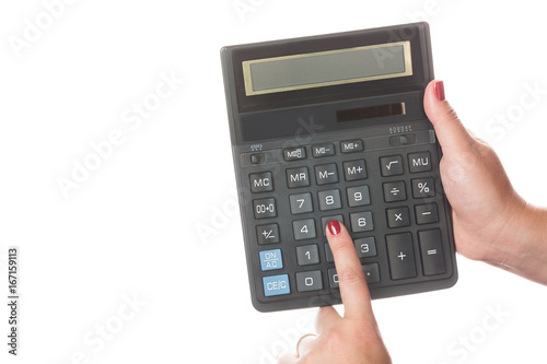 Woman hands with red nails holding calculator isolated on white