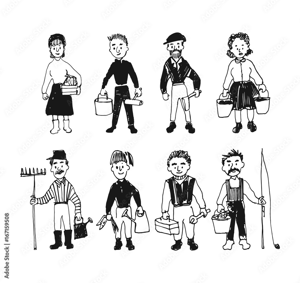 Set of cartoon farmer, workers women and men with different instruments.  Agriculture village farm theme. Hand drawn cartoon funny characters. Black  and white. Stock Vector | Adobe Stock
