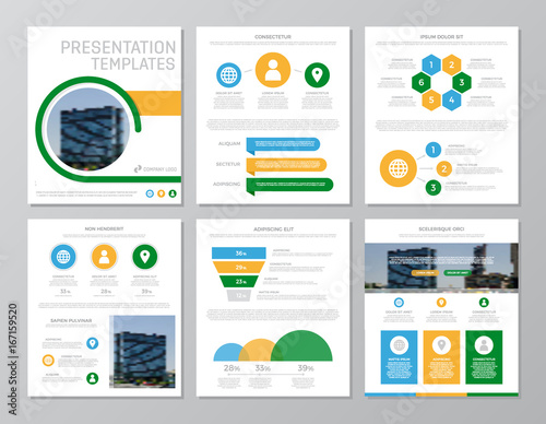 Set of green and blue, yellow elements for multipurpose a4 presentation template slides with graphs and charts. Leaflet, corporate report, marketing, advertising, annual report, book cover design.
