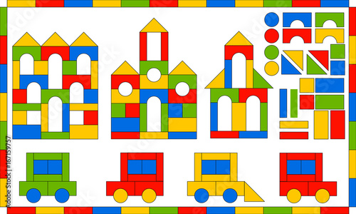 Children s Designer. Multicolored building kit. Developing game for children. Buildings and vehicles from simple blocks. Flat bright set of parts and finished products.