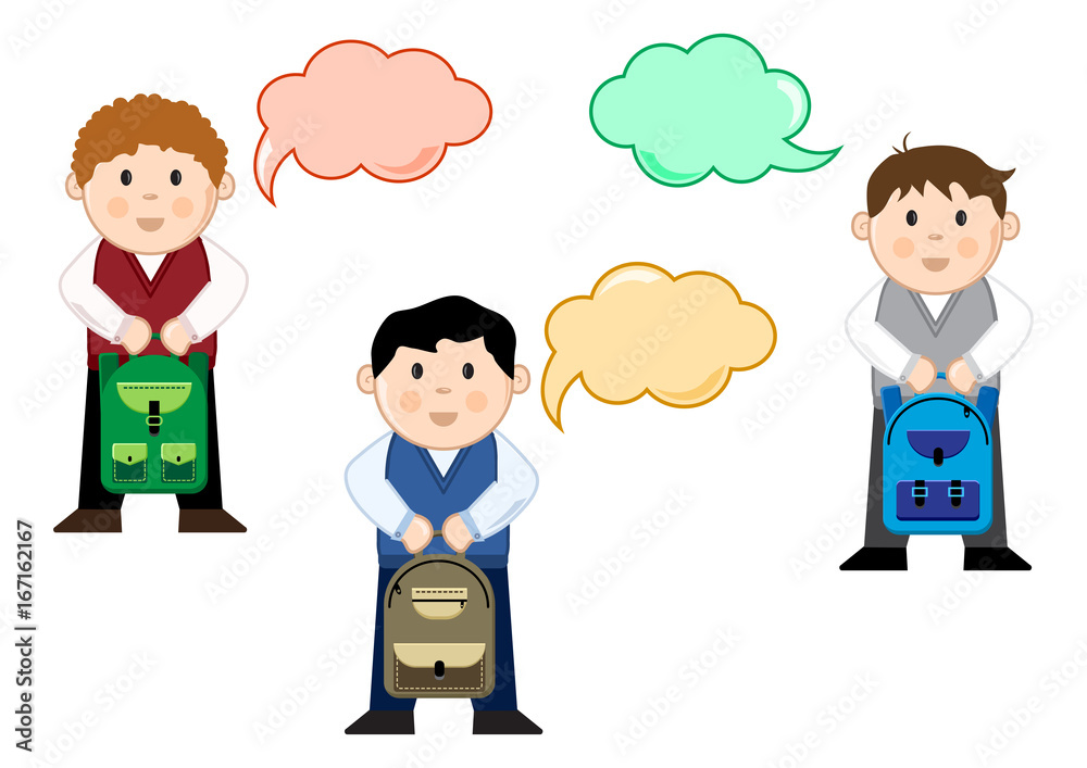 Schoolboys with backpacks and dialog box, color set, vector illustration Schoolboys with backpacks and dialog box, color set, vector illustration